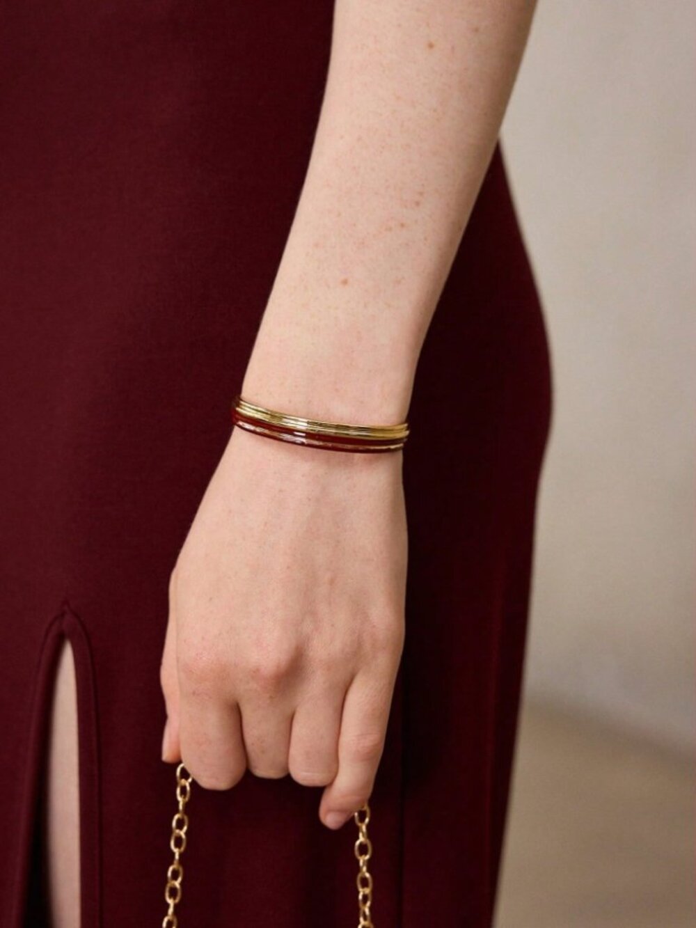 Gold Tone Red Enamel Striped Open Cuff Bangle Bracelet